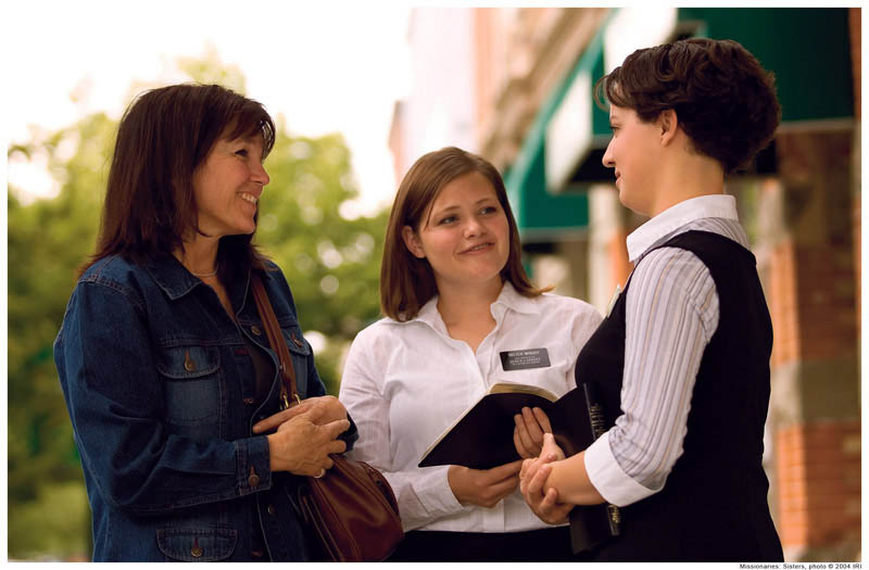 Mormon missions teach leadership skills. Image of female missionaries teaching a woman.