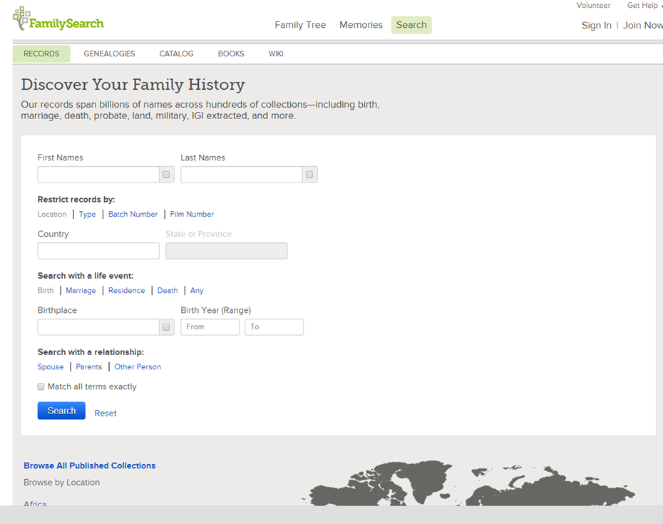 screenshot FamilySearch search screen