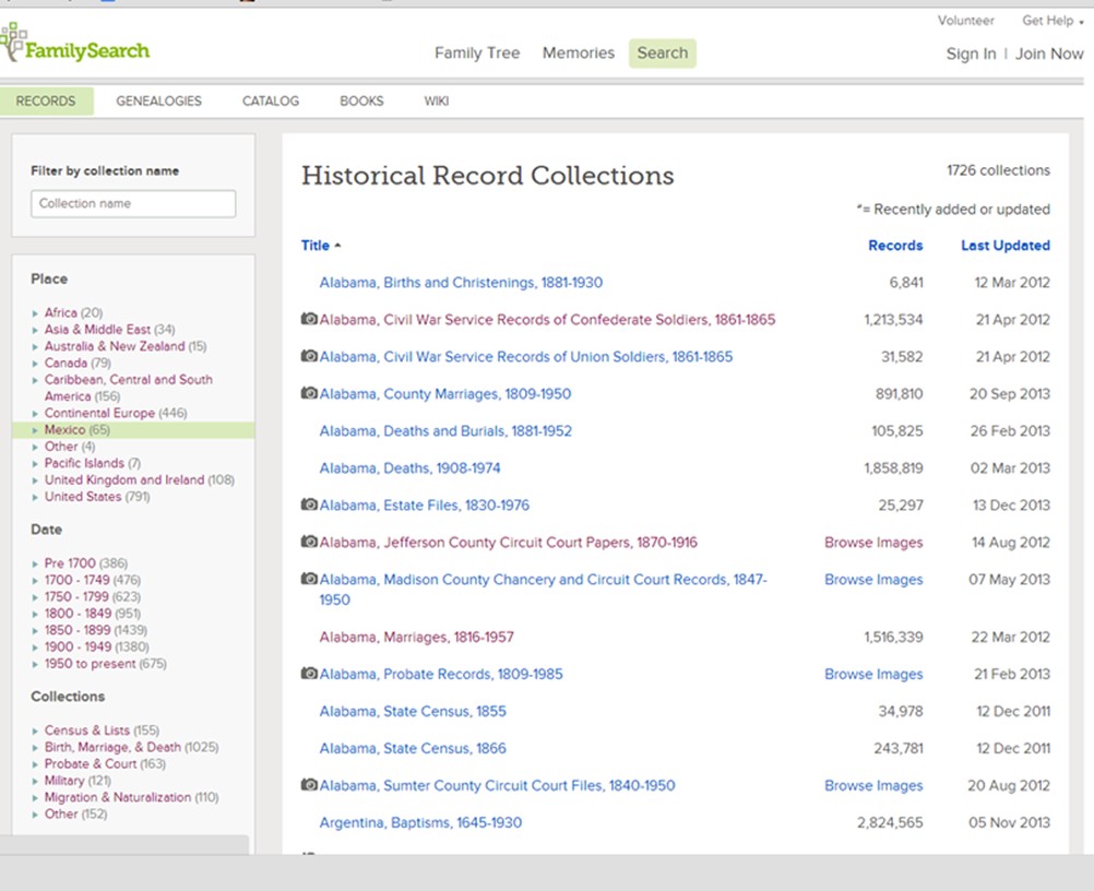 screenshot record collections page FamilySearch.org