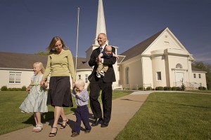 family walking home from church