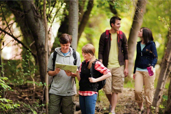 Young single adults hiking