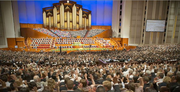 Mormons voting at General Conference